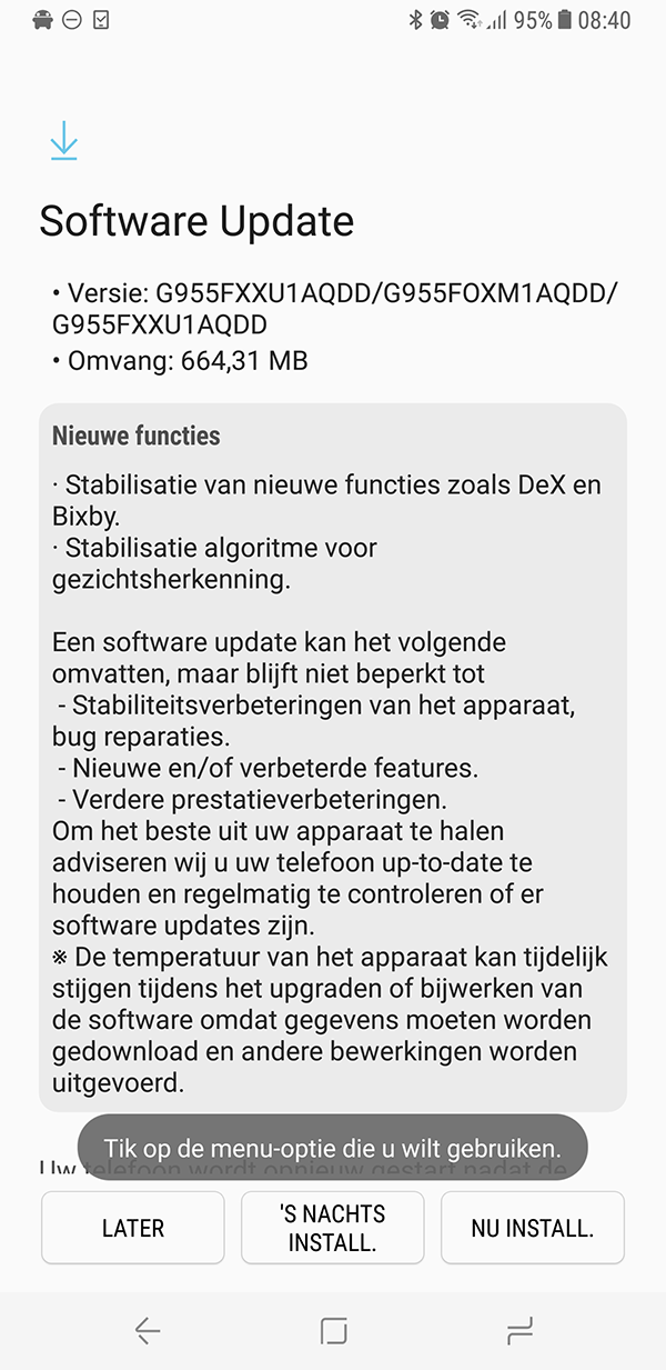 Samsung Galaxy S8 beveiligingsupdate april