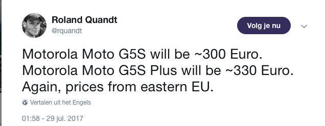 Roland Quandt Tweet prijs Moto G5S Plus
