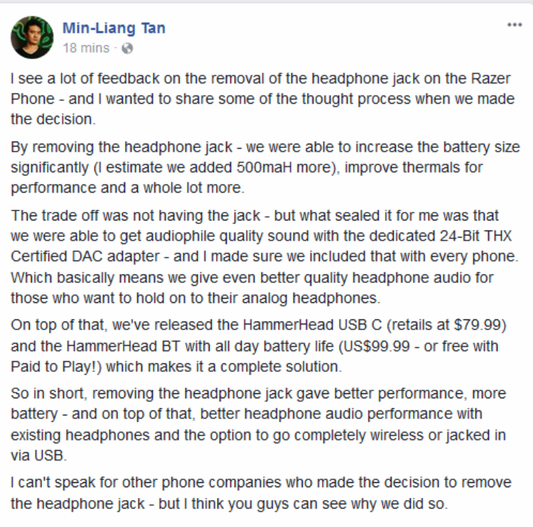 Min-Liang Tan Razer Phone headphone jack